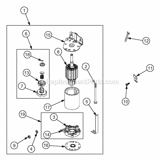 Starter Motor Diagram and Parts List for RZT17 17AA5A4G710, 17AA5A4G712 Cub Cadet Lawn Mower